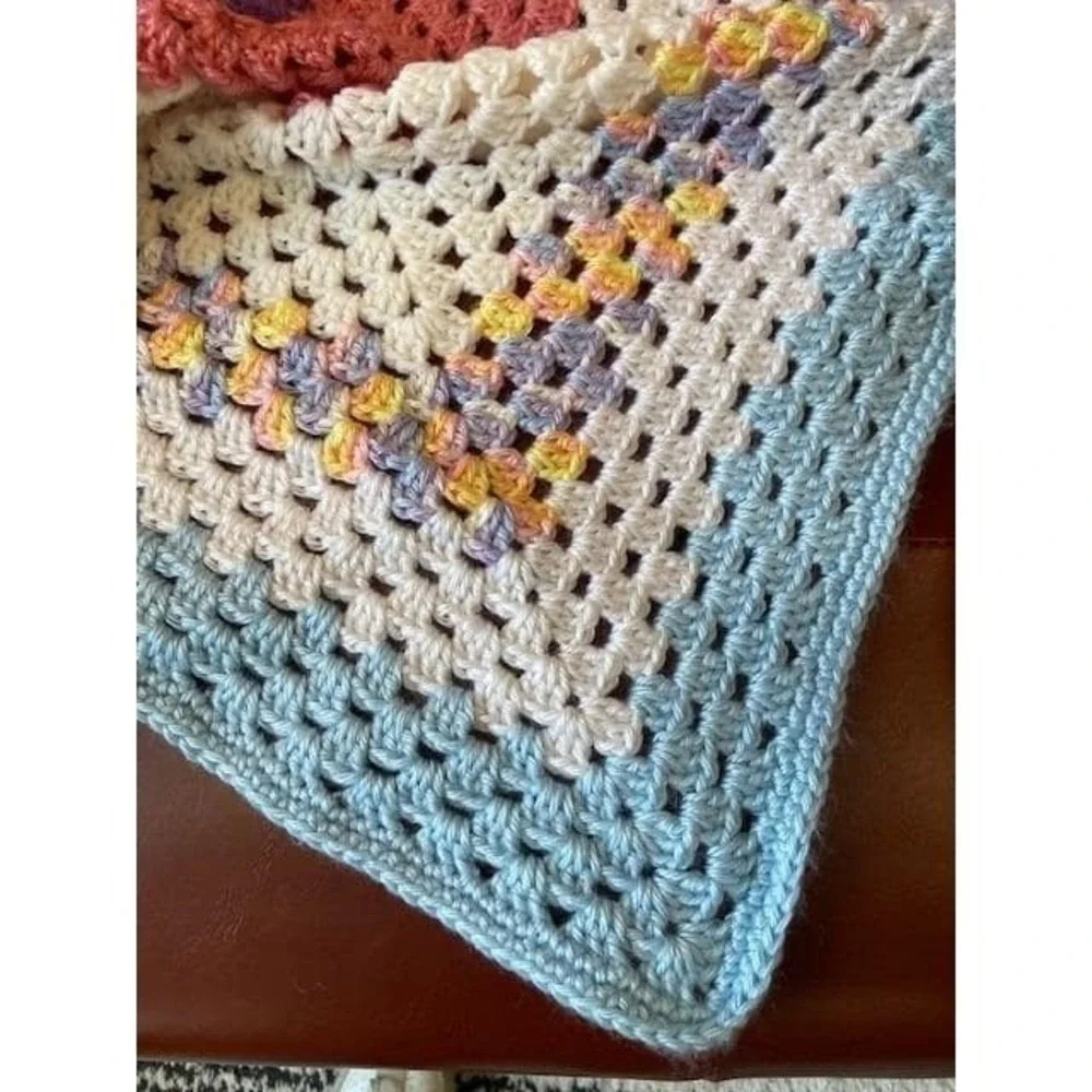 Handmade Crochet Paw Print Baby Blanket Pink White Pastel Granny Square Throw